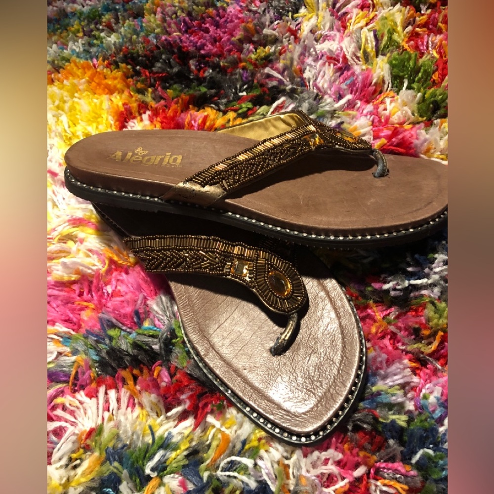 Women's Alegria BAL-201 Baliwood Brown Gold Beaded Wedge Leather Thong Sandals